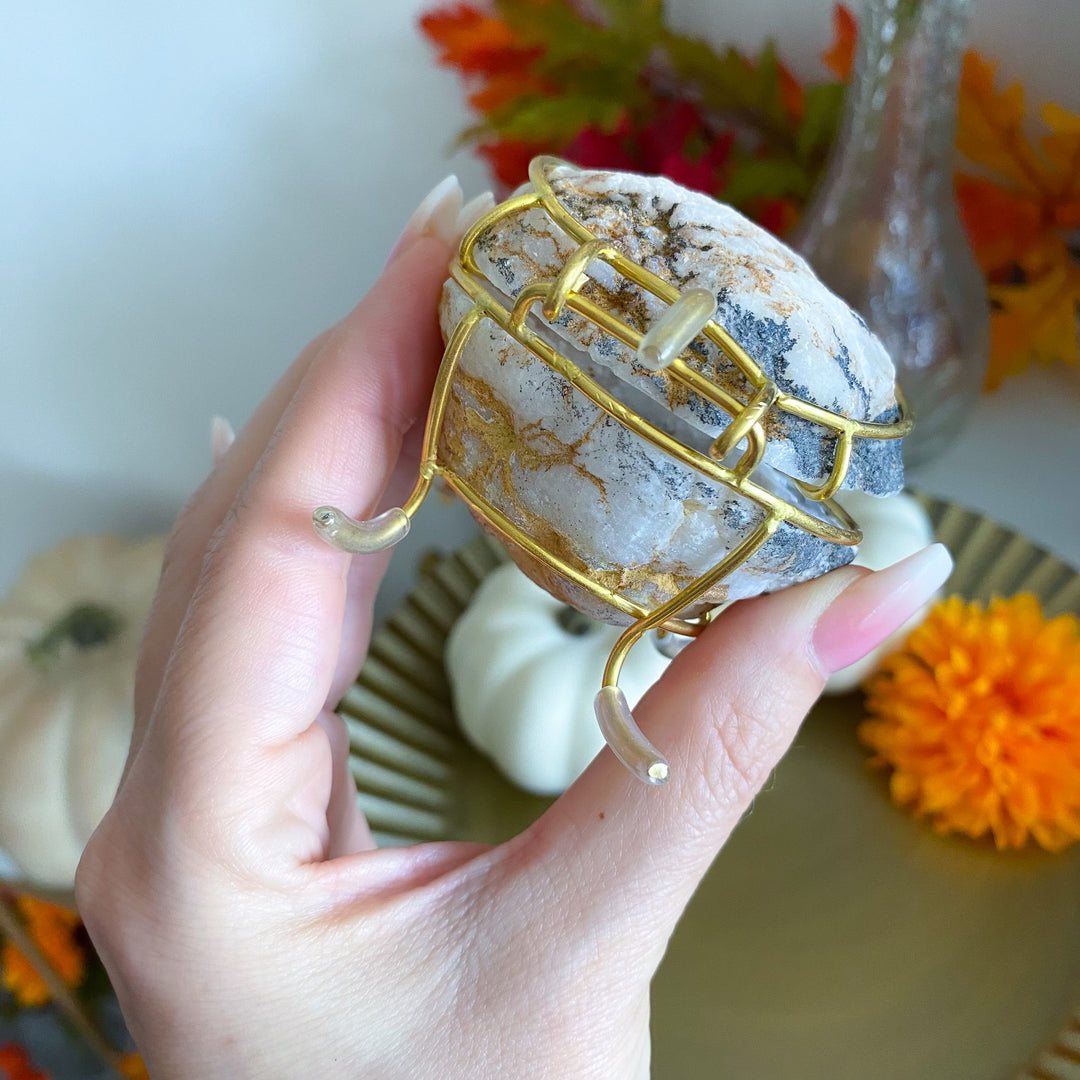 Gray Calcite Geode Jewelry Box on Gold Stand 