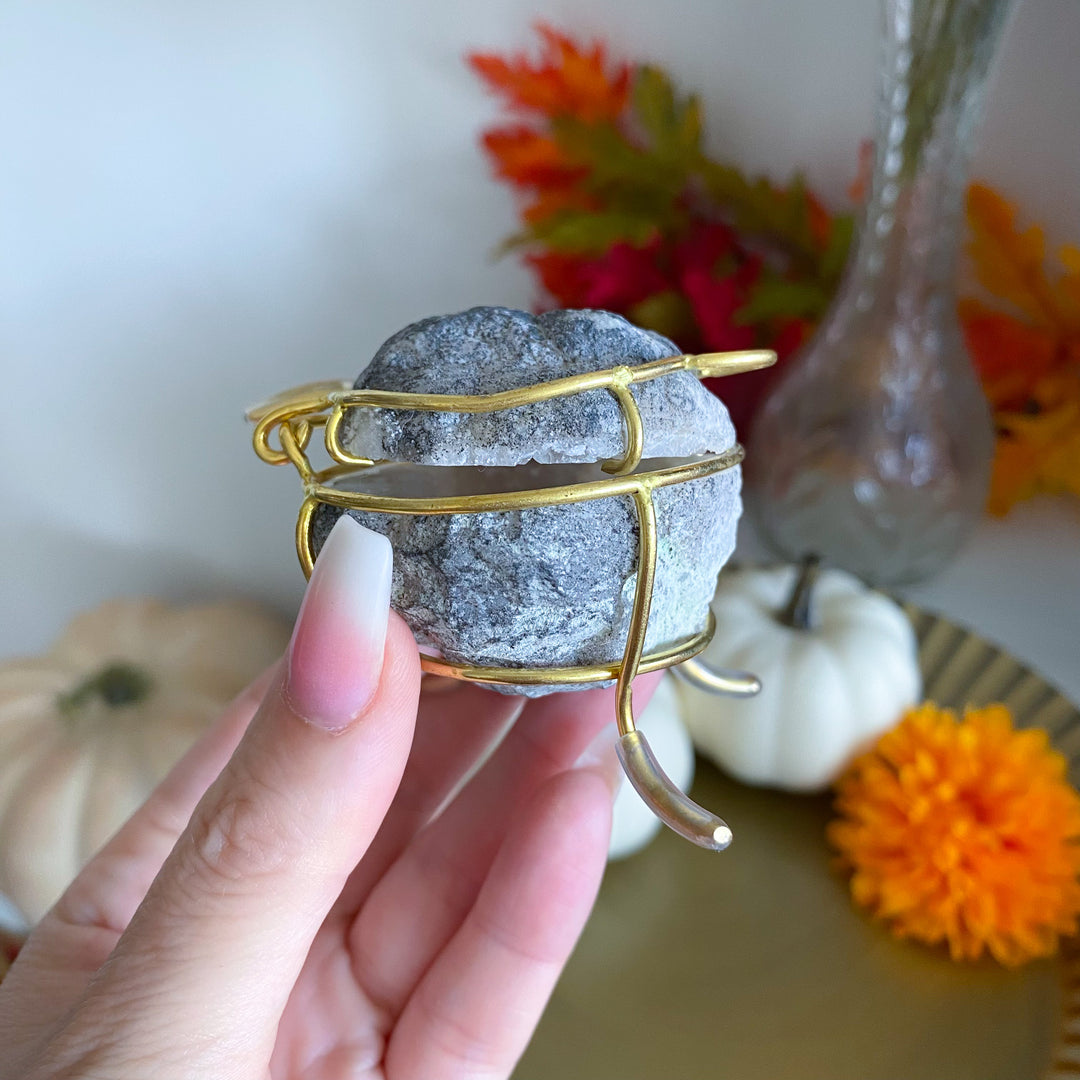 Gray Calcite Geode Jewelry Box on Gold Stand 