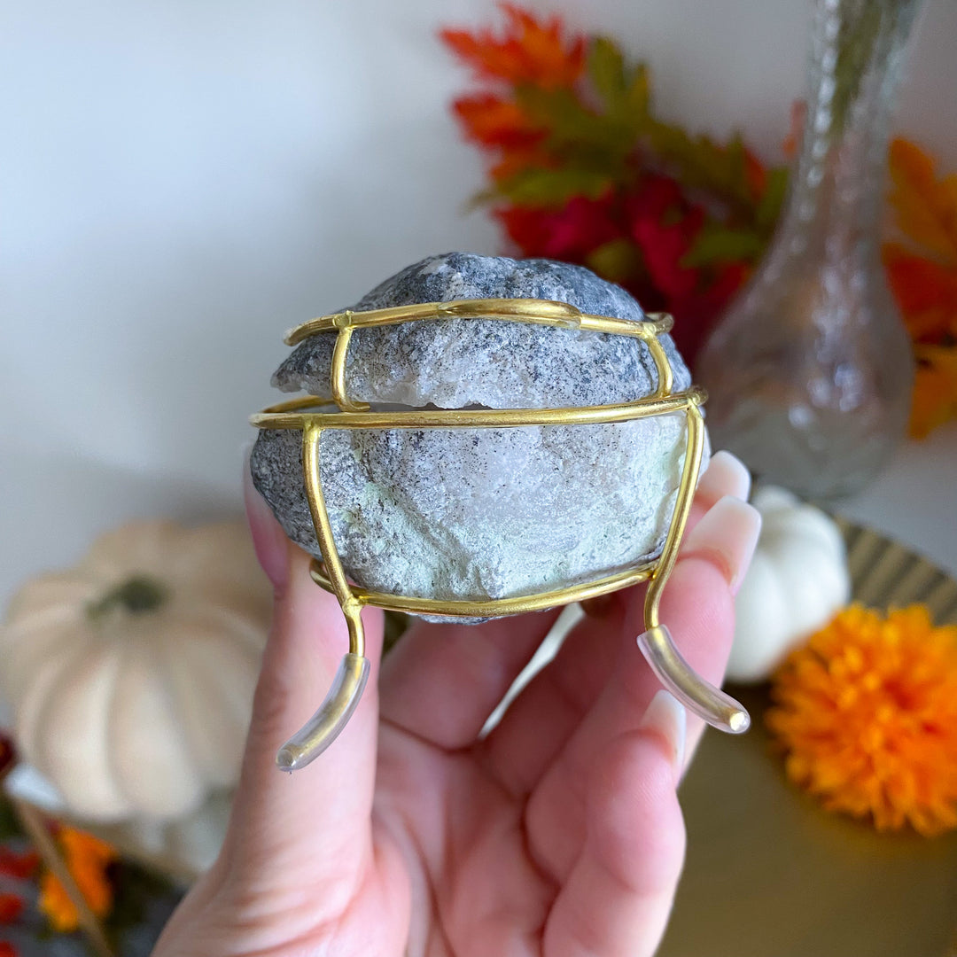 Gray Calcite Geode Jewelry Box on Gold Stand 