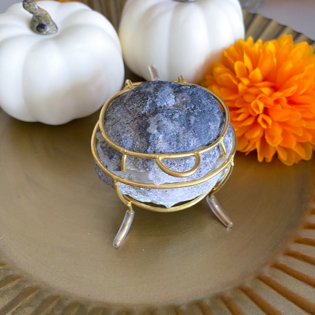 Gray Calcite Geode Jewelry Box on Gold Stand 