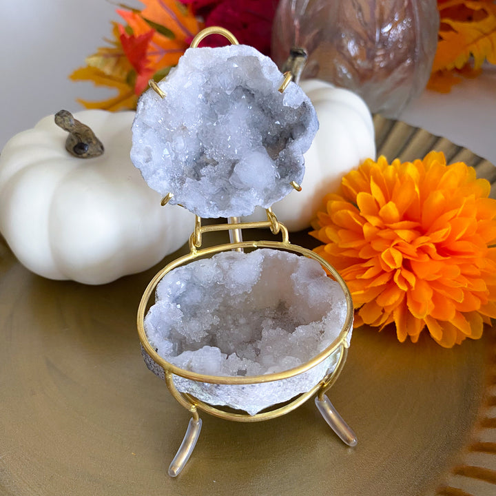 Gray Calcite Geode Jewelry Box on Gold Stand 