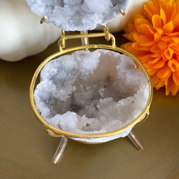 Gray Calcite Geode Jewelry Box on Gold Stand 