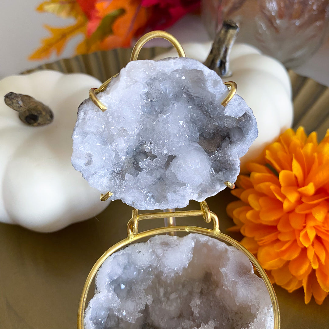 Gray Calcite Geode Jewelry Box on Gold Stand 