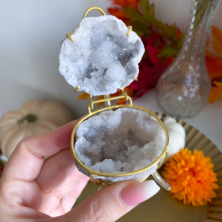 Gray Calcite Geode Jewelry Box on Gold Stand 