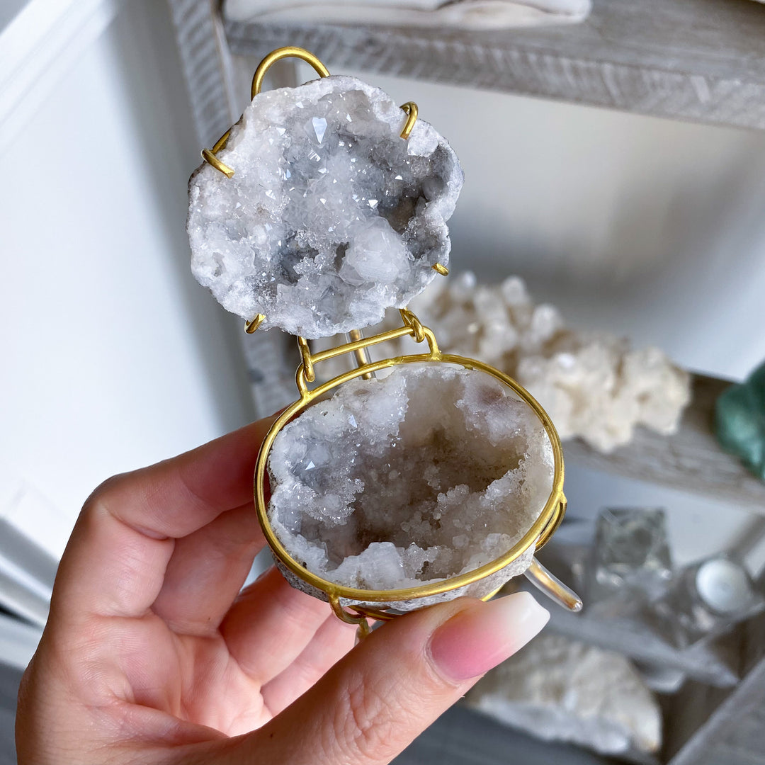Gray Calcite Geode Jewelry Box on Gold Stand 