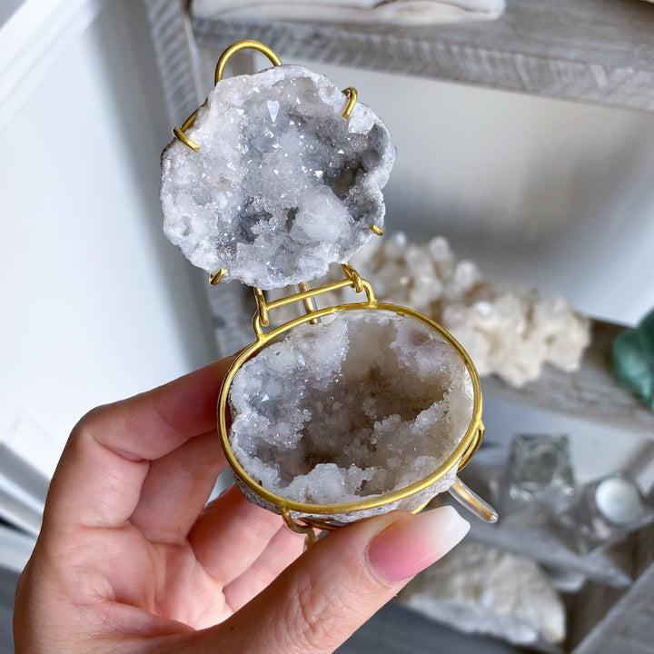 Gray Calcite Geode Jewelry Box on Gold Stand 