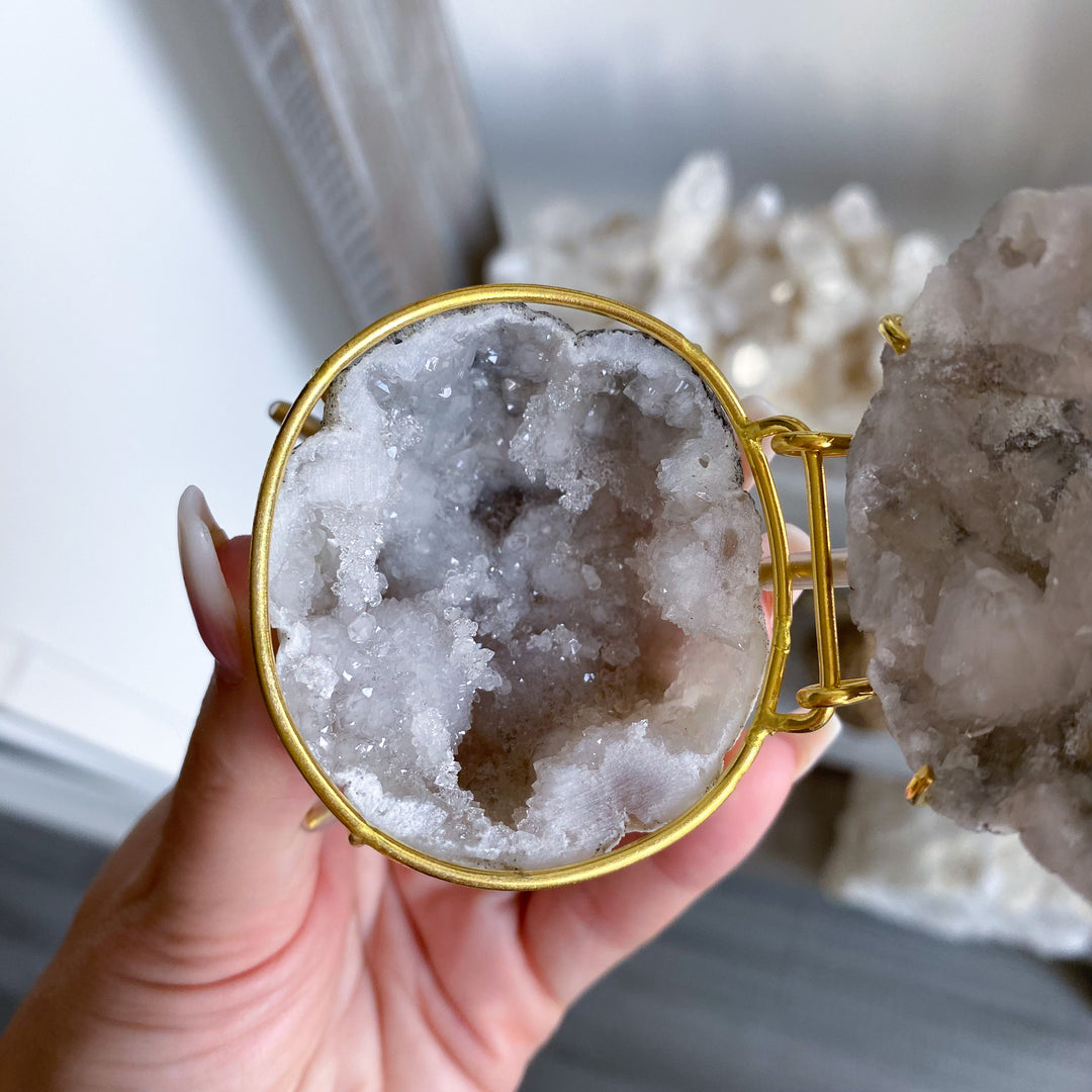 Gray Calcite Geode Jewelry Box on Gold Stand 