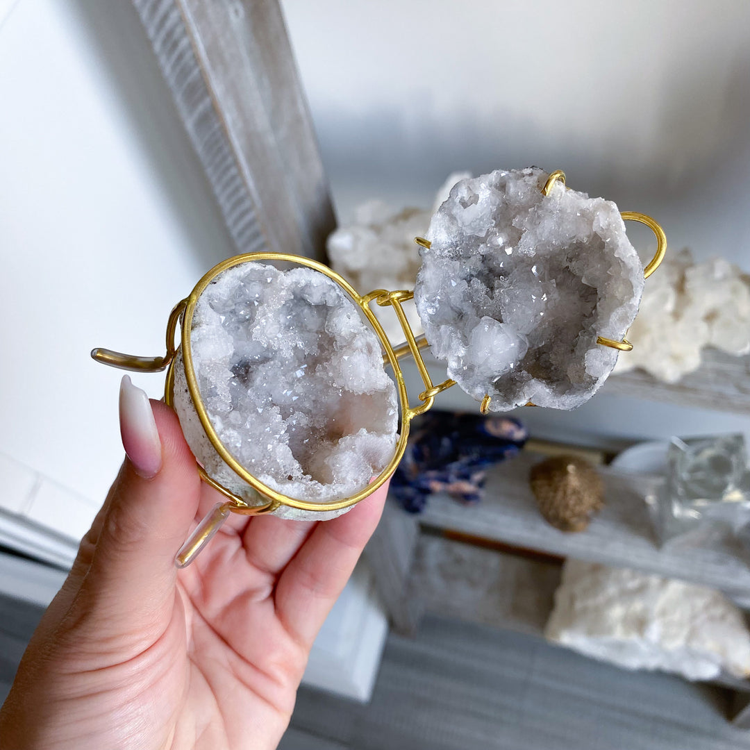 Gray Calcite Geode Jewelry Box on Gold Stand 