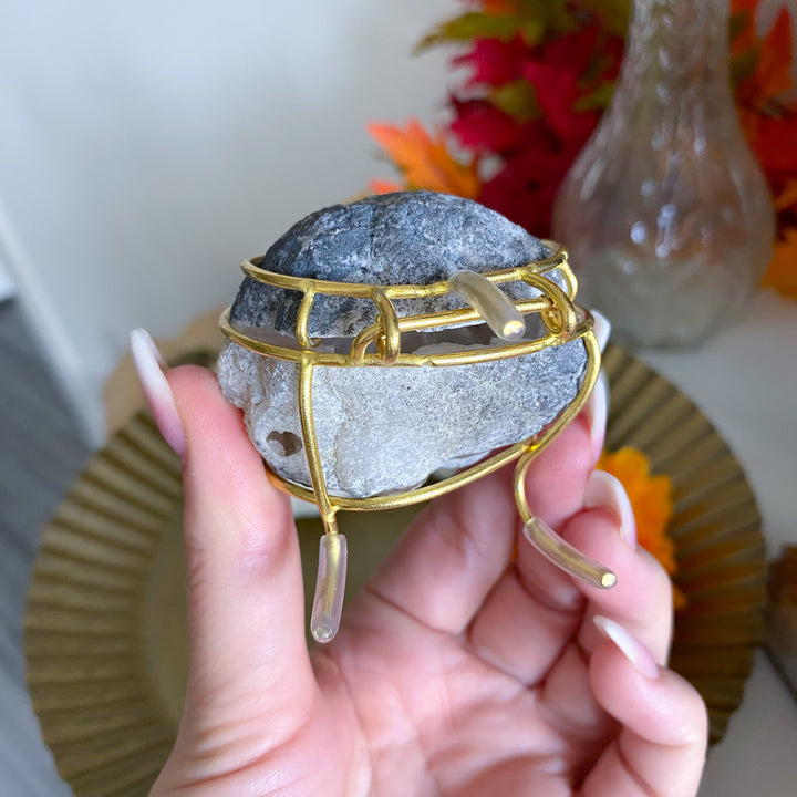 Gray Calcite Geode Jewelry Box on Gold Stand 