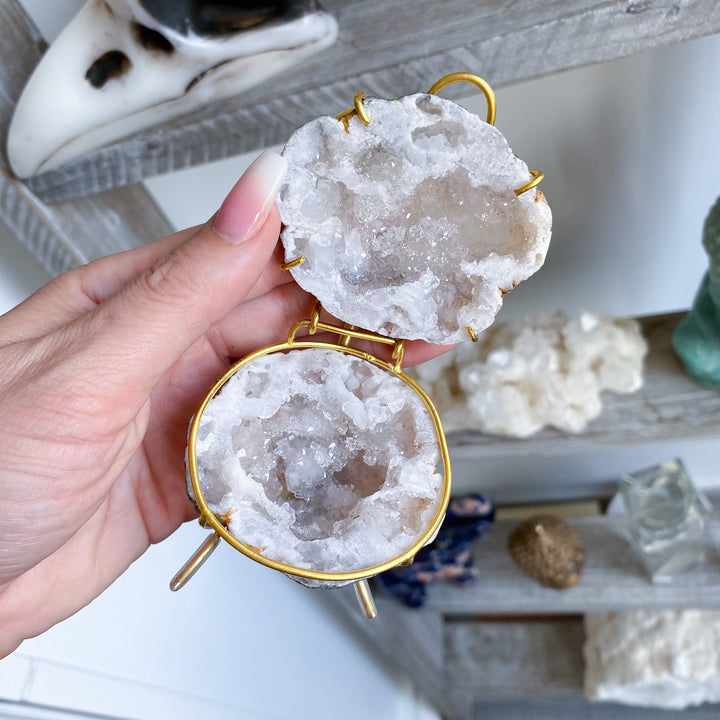 Gray Calcite Geode Jewelry Box on Gold Stand 