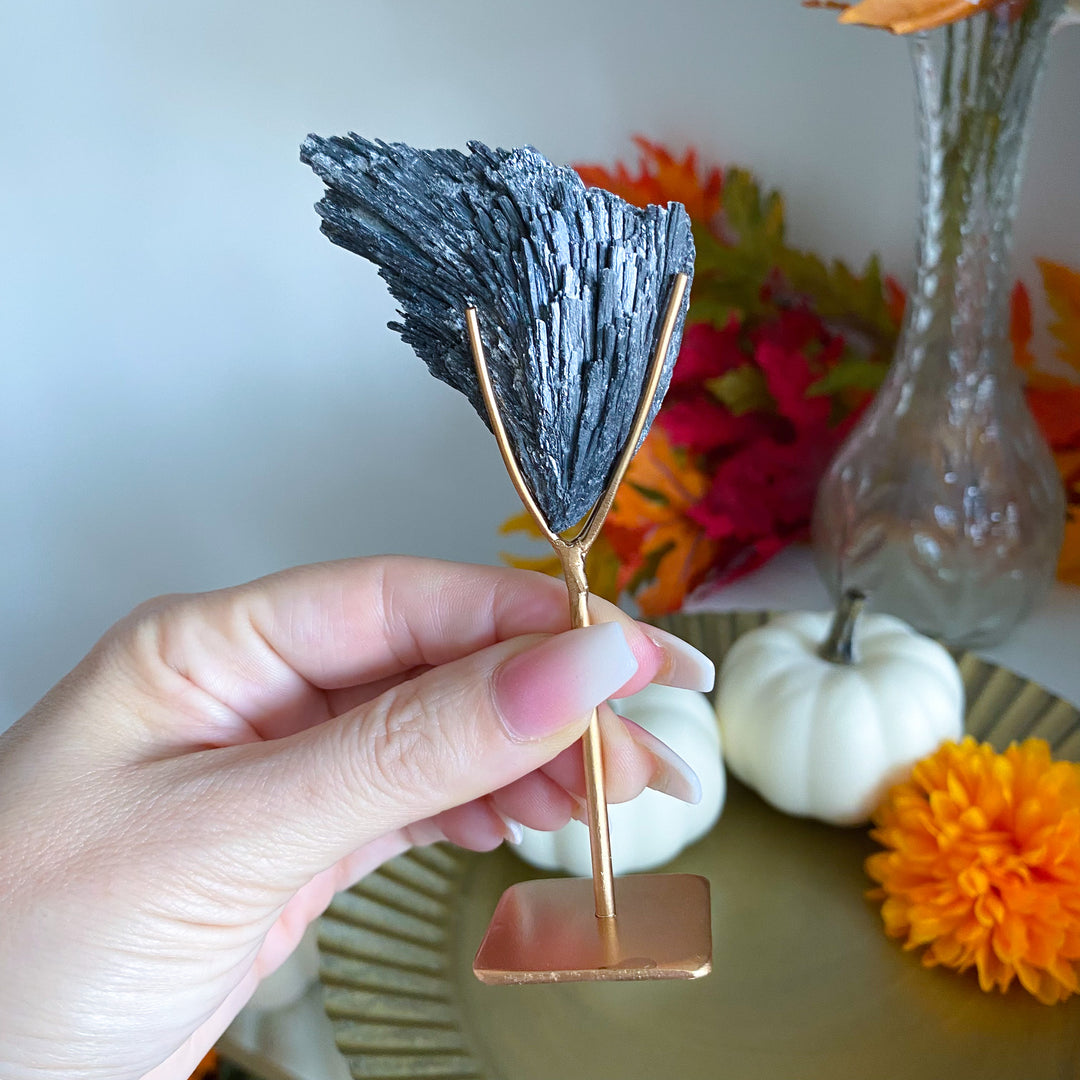 "Emo" Black Kyanite Fan on Stand 