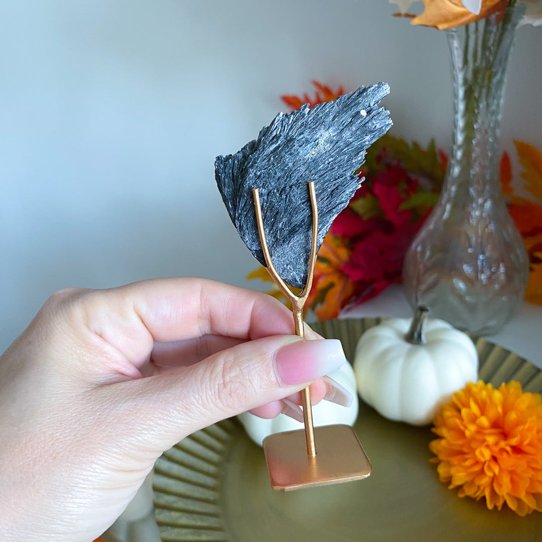 "Emo" Black Kyanite Fan on Stand 