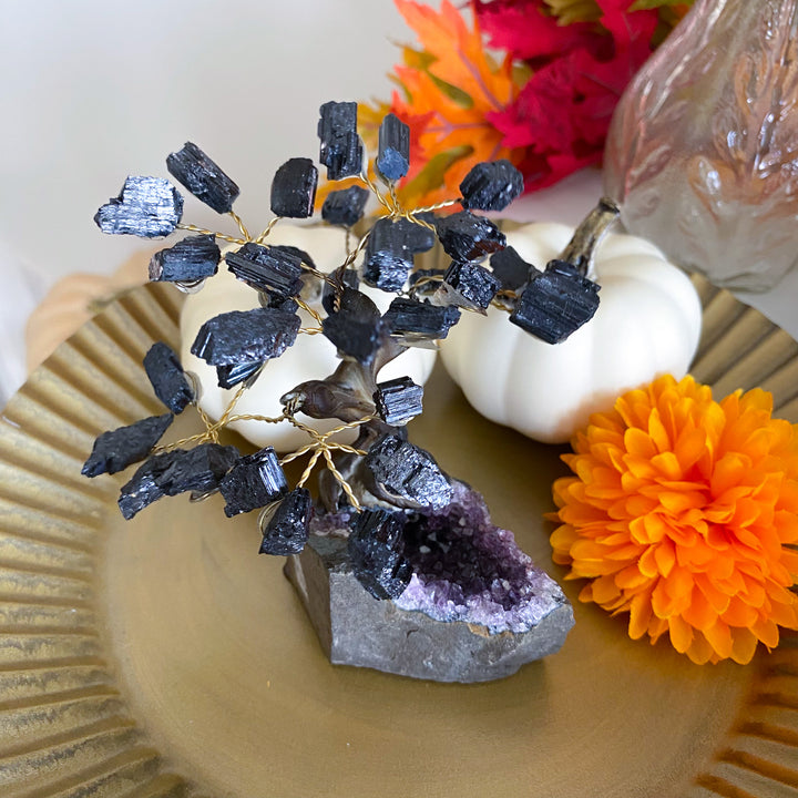 Black Tourmaline Tree on Amethyst Geode 