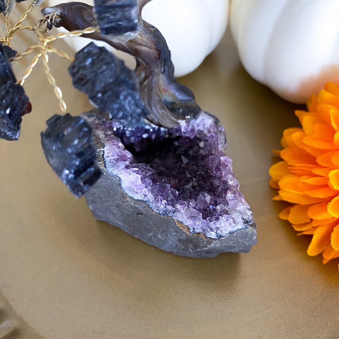 Black Tourmaline Tree on Amethyst Geode 