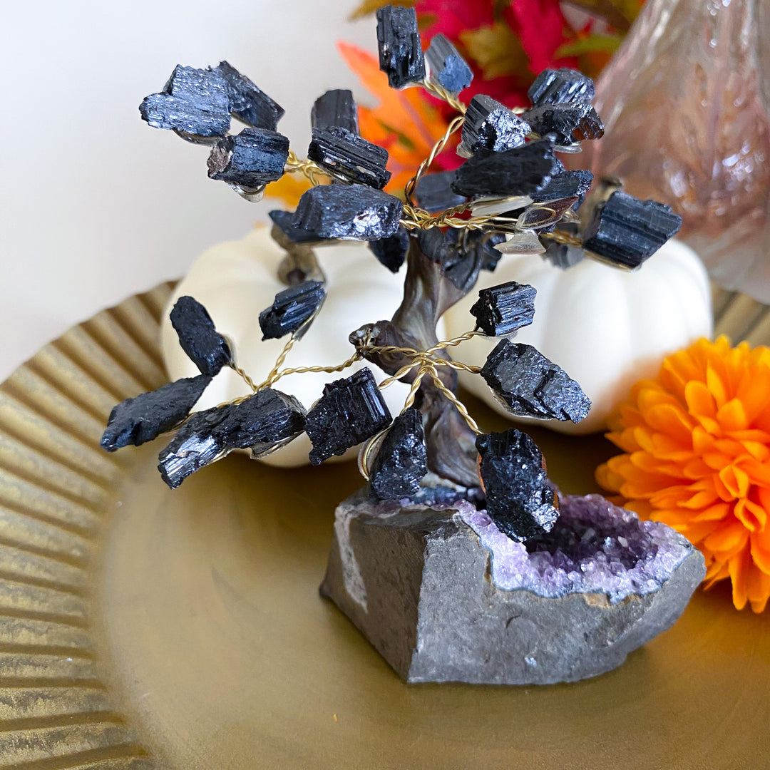 Black Tourmaline Tree on Amethyst Geode 