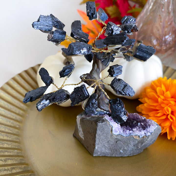 Black Tourmaline Tree on Amethyst Geode 