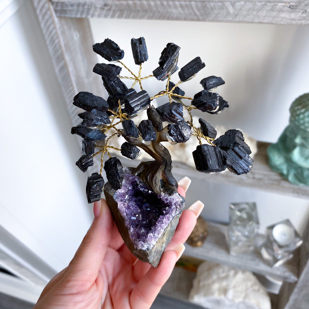 Black Tourmaline Tree on Amethyst Geode 