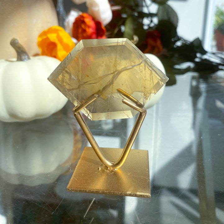 Smoky Quartz with Rutile Hexagon on Stand 