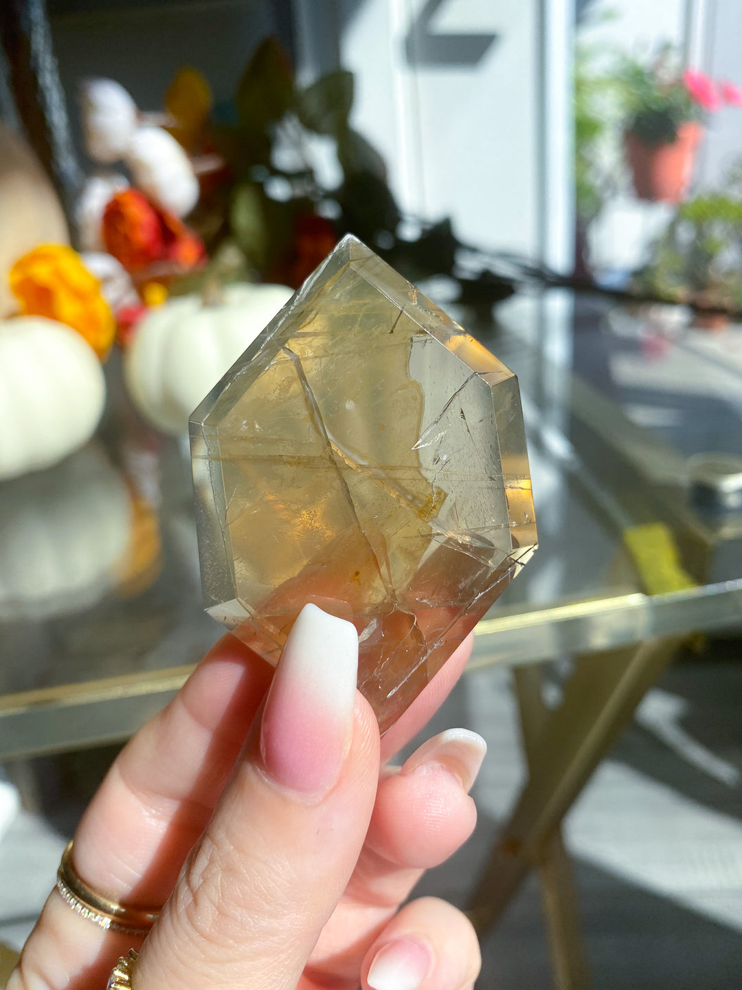 Smoky Quartz with Rutile Hexagon on Stand 