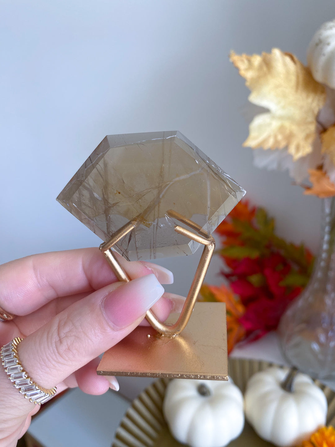 Smoky Quartz with Rutile Hexagon on Stand 