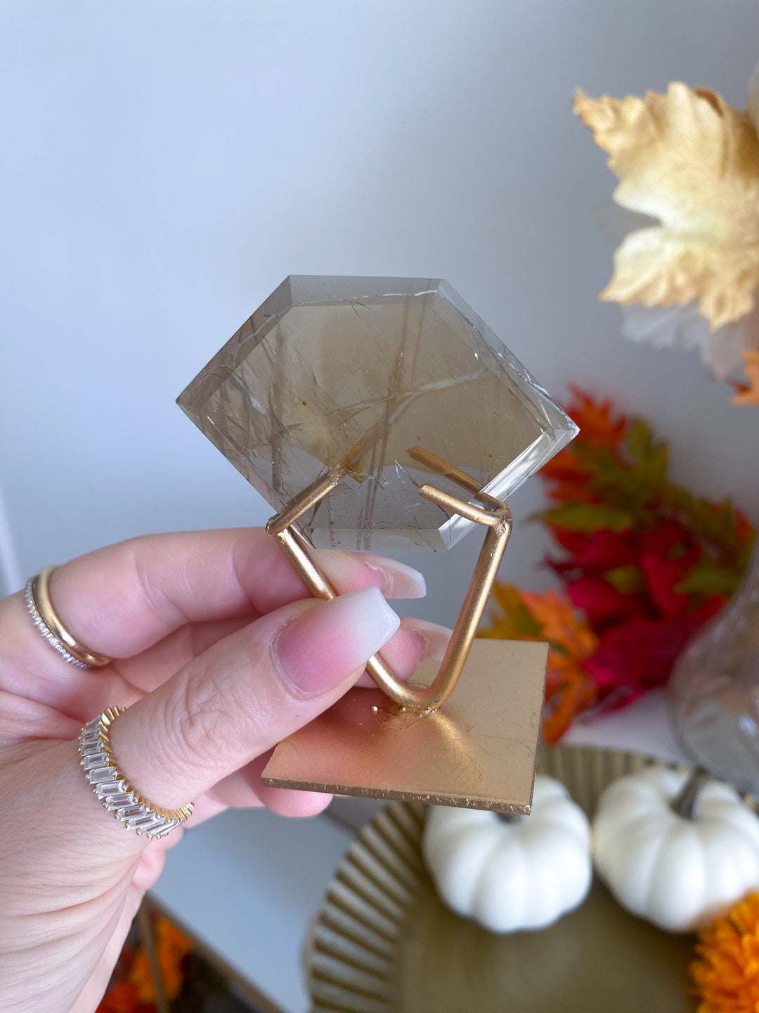 Smoky Quartz with Rutile Hexagon on Stand 