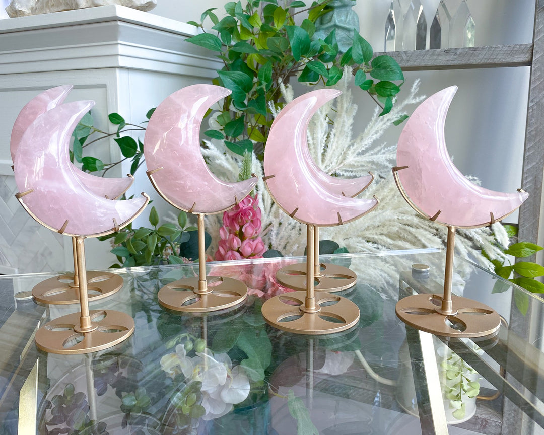 Rose Quartz Crescent Moon on Stand