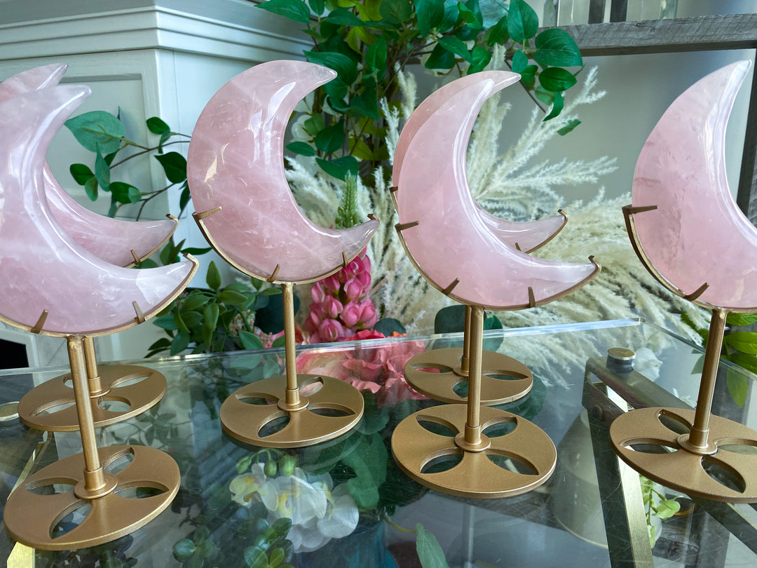 Rose Quartz Crescent Moon on Stand