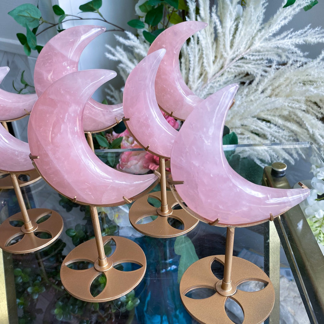 Rose Quartz Crescent Moon on Stand