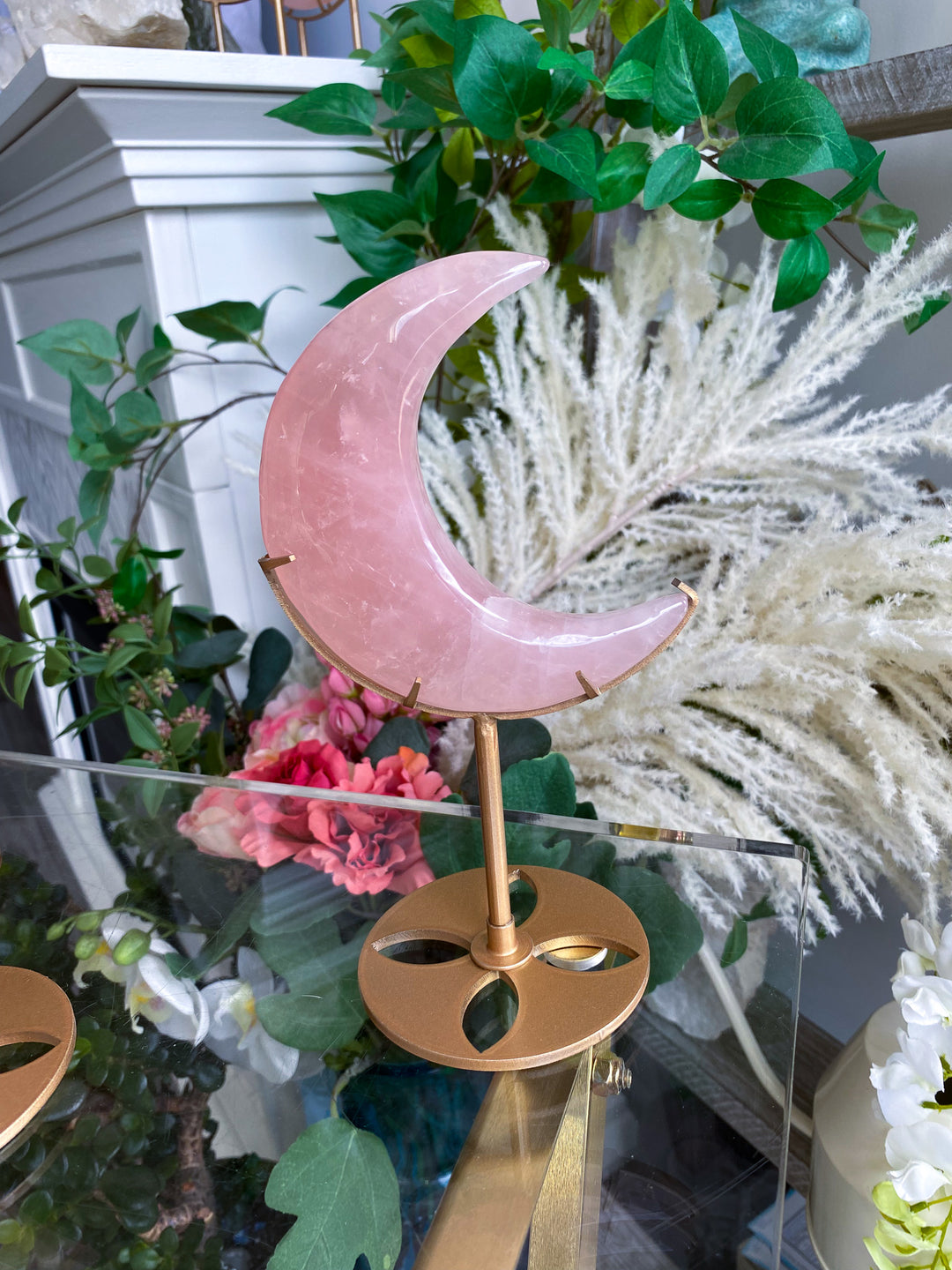 Rose Quartz Crescent Moon on Stand