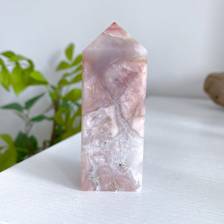 Peachy Pink Flower Agate Tower 3"