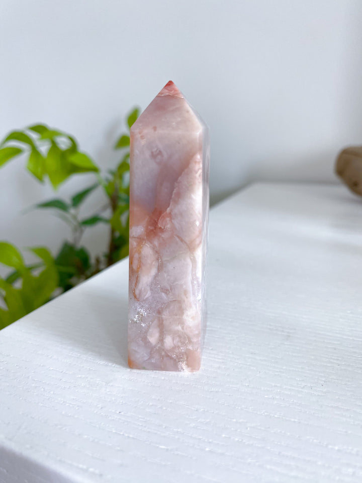 Peachy Pink Flower Agate Tower 3"