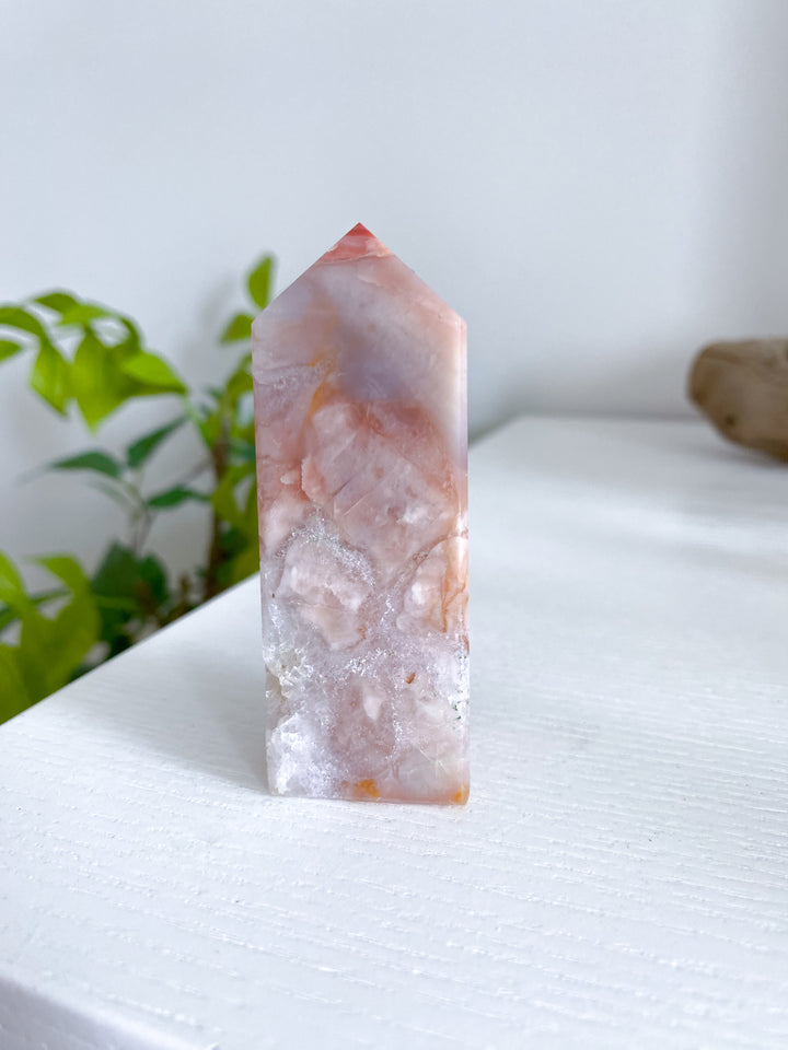 Peachy Pink Flower Agate Tower 3"