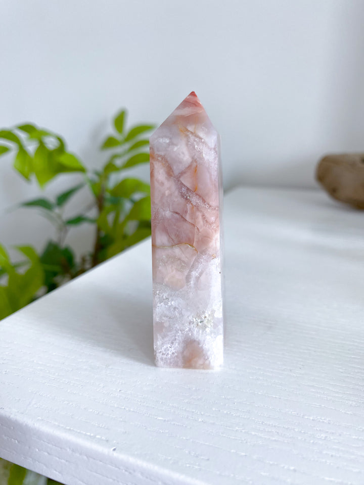 Peachy Pink Flower Agate Tower 3"