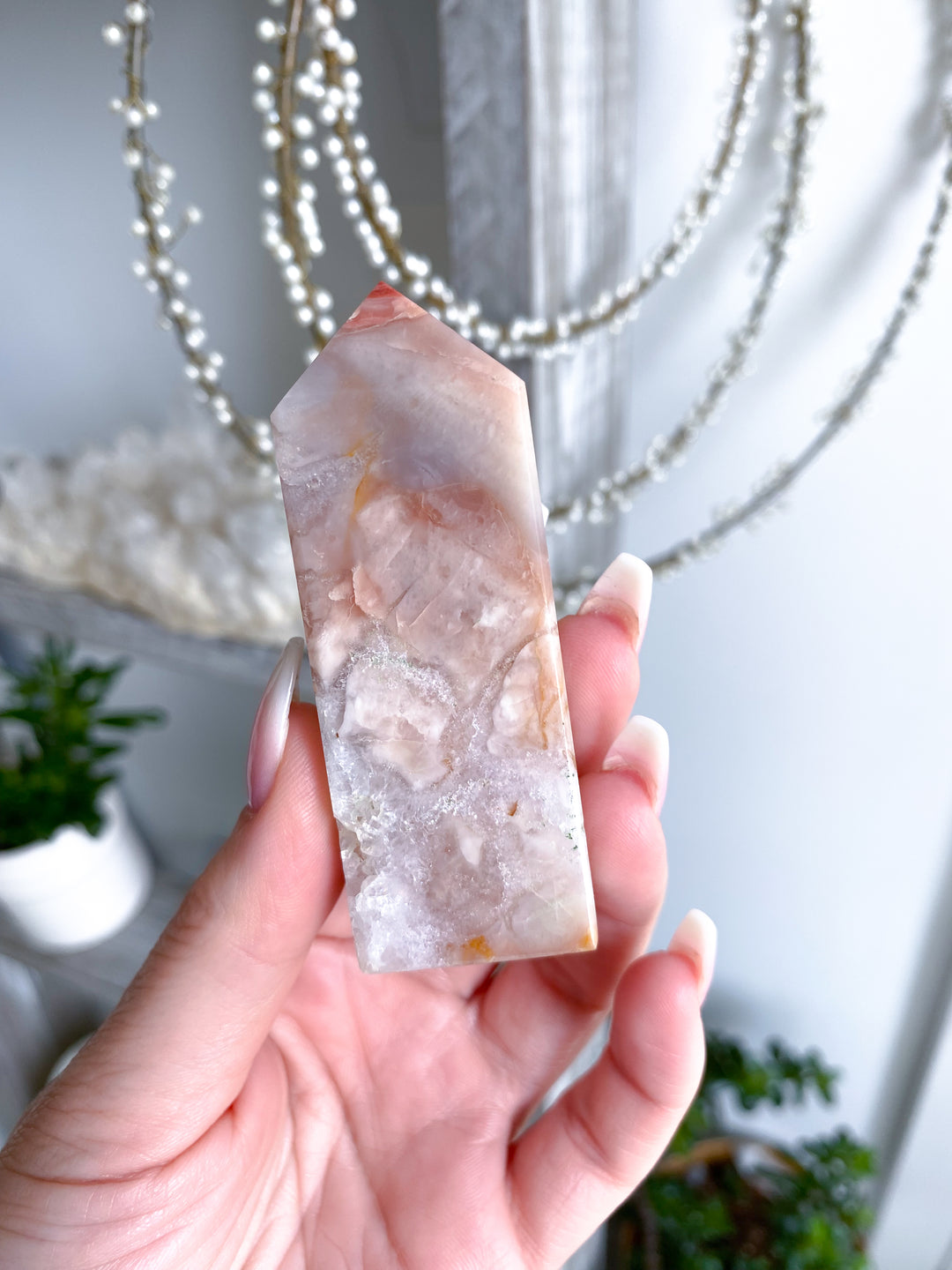 Peachy Pink Flower Agate Tower 3"