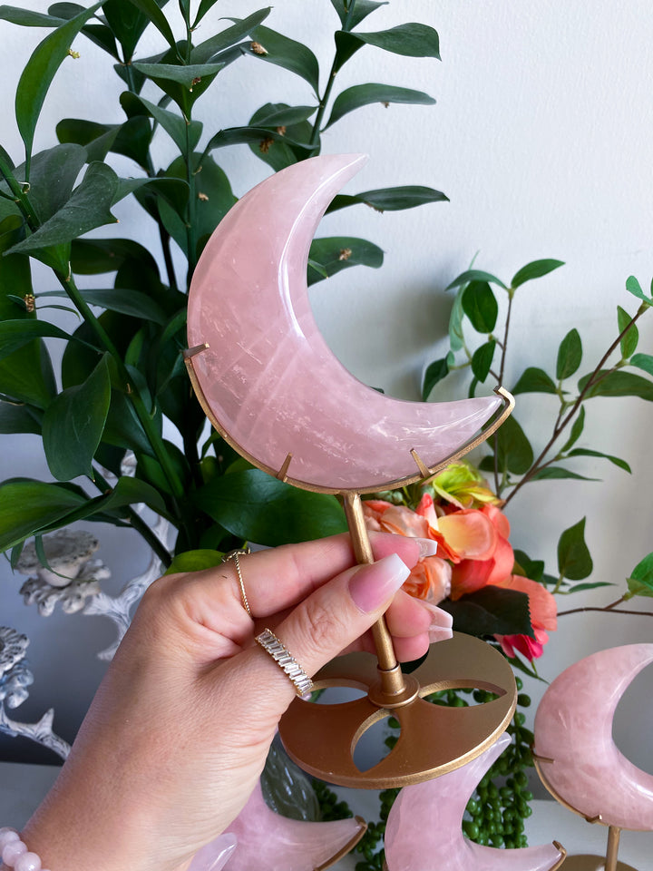 Rose Quartz Crescent Moon on Stand