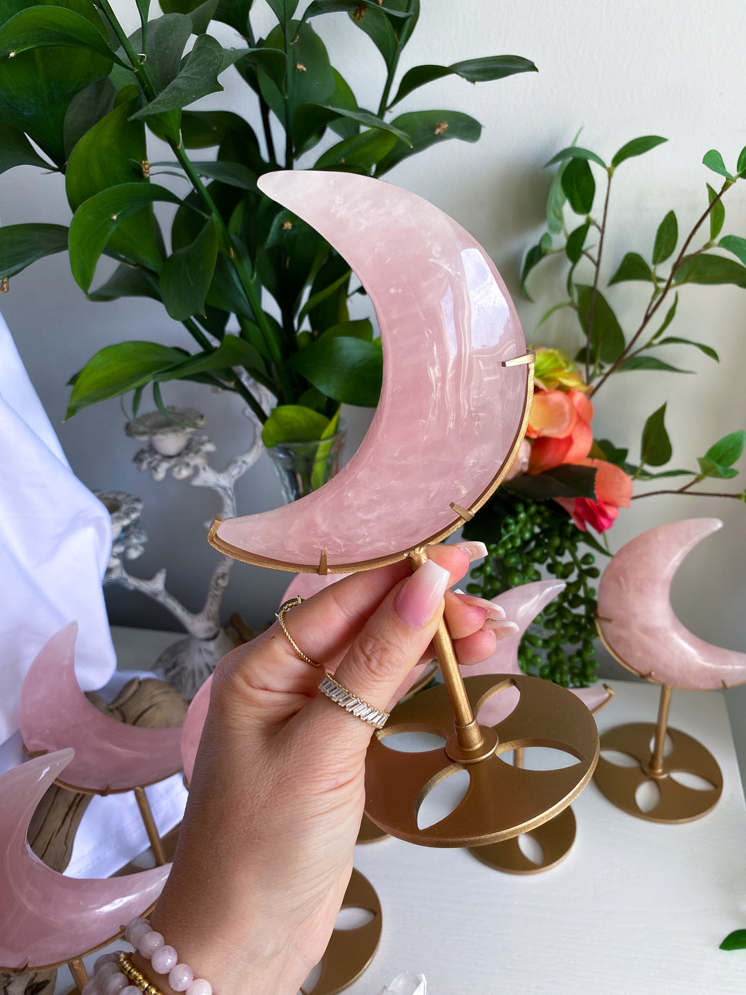Rose Quartz Crescent Moon on Stand
