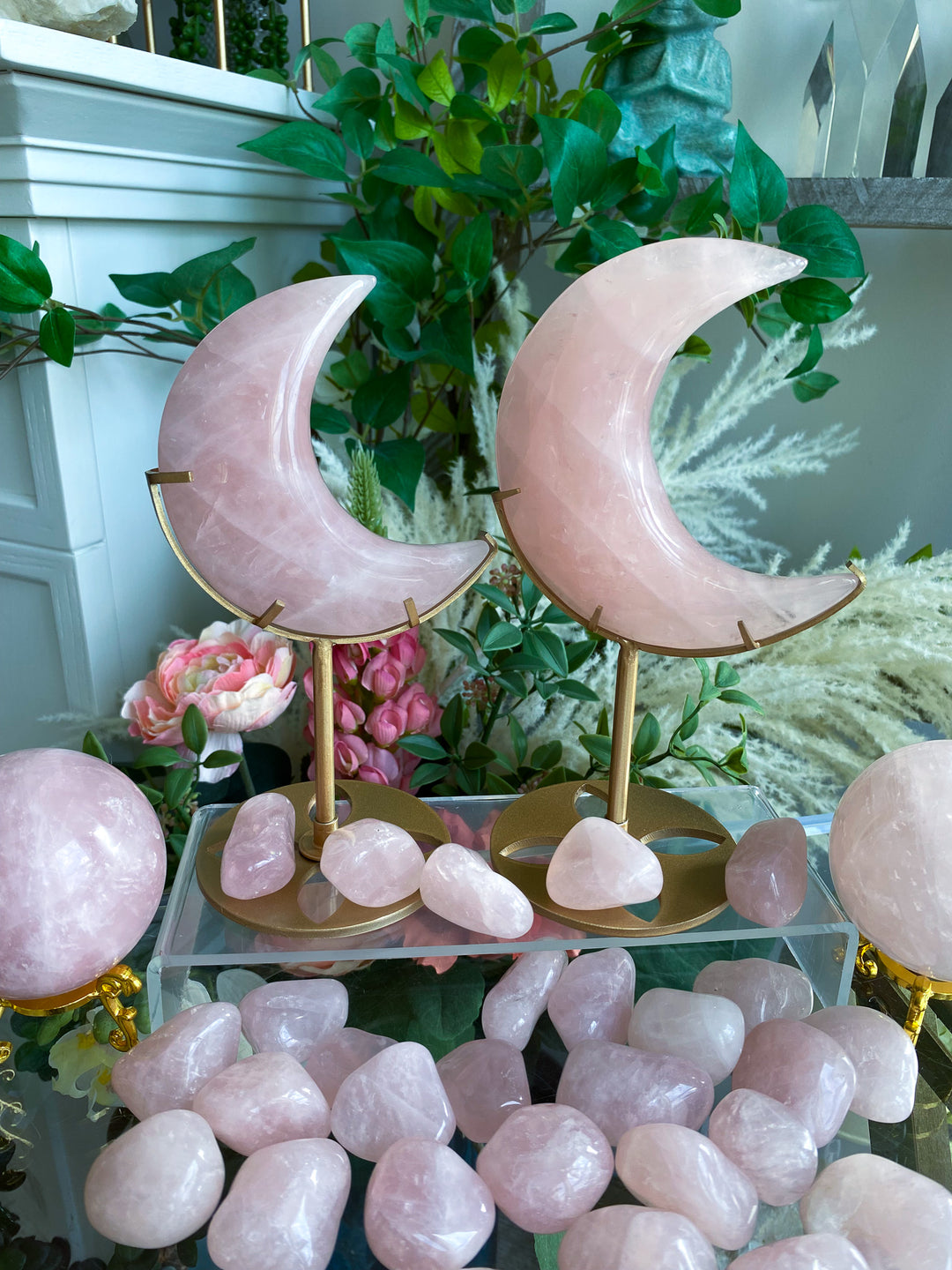 Rose Quartz Crescent Moon on Stand