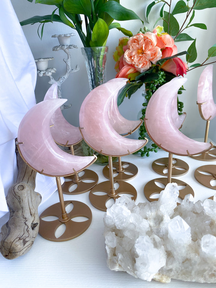 Rose Quartz Crescent Moon on Stand
