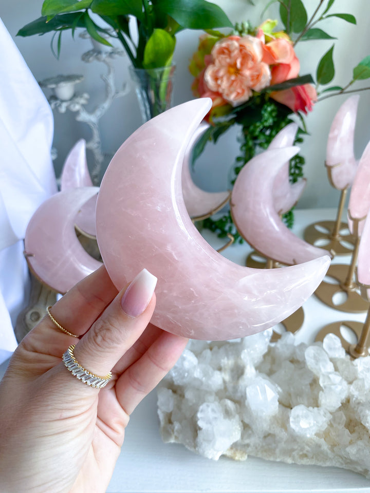 Rose Quartz Crescent Moon on Stand