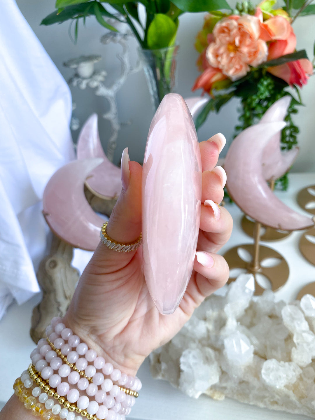 Rose Quartz Crescent Moon on Stand