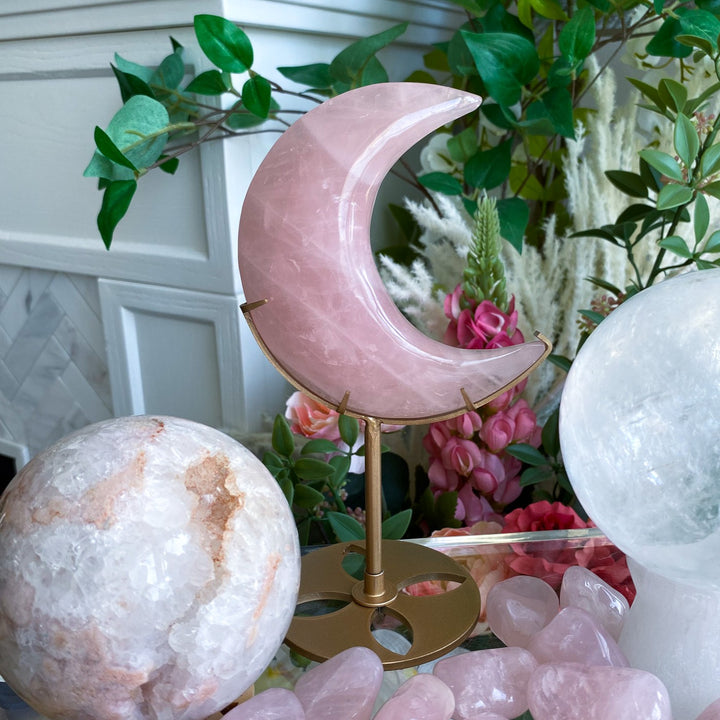 Rose Quartz Crescent Moon on Stand