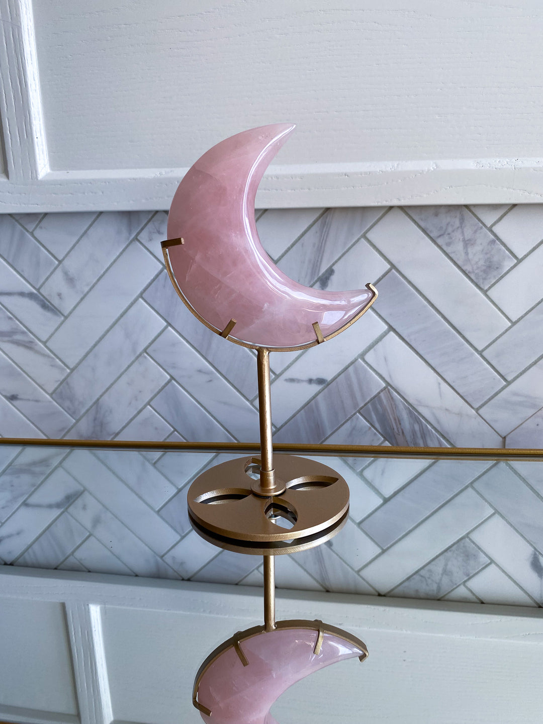 Rose Quartz Crescent Moon on Stand