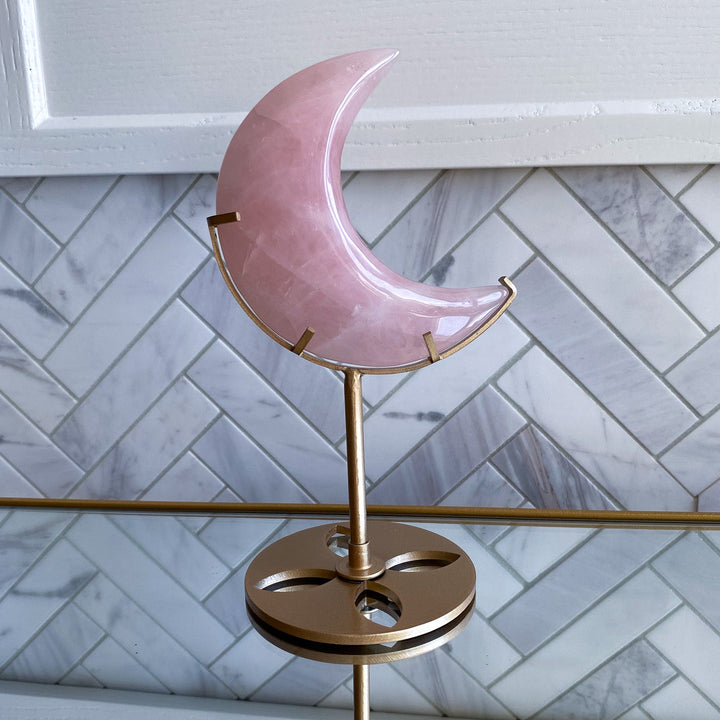 Rose Quartz Crescent Moon on Stand