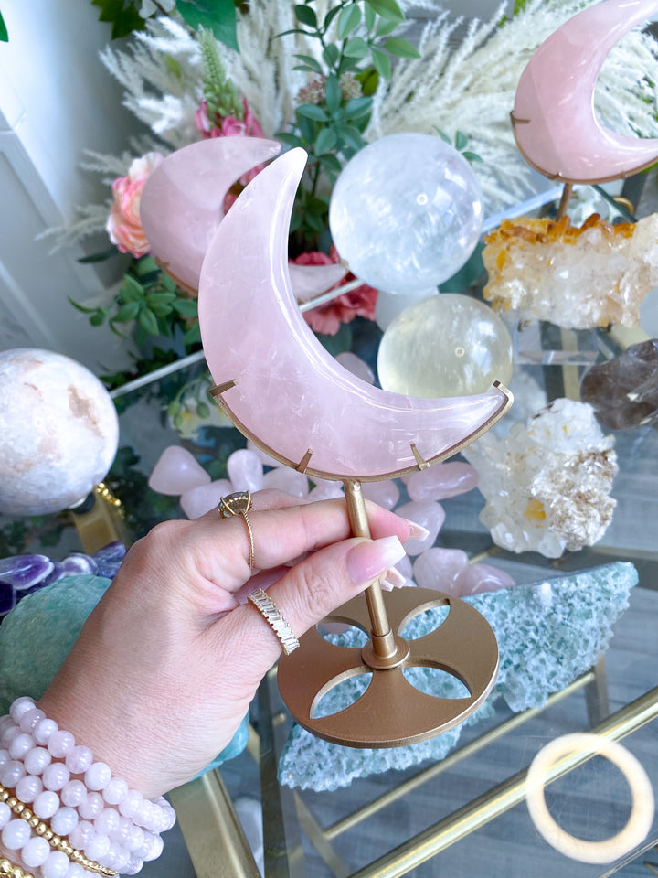 Rose Quartz Crescent Moon on Stand