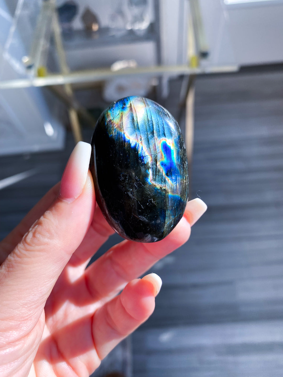 Flashy Pink and Blue Labradorite Palm Stone 