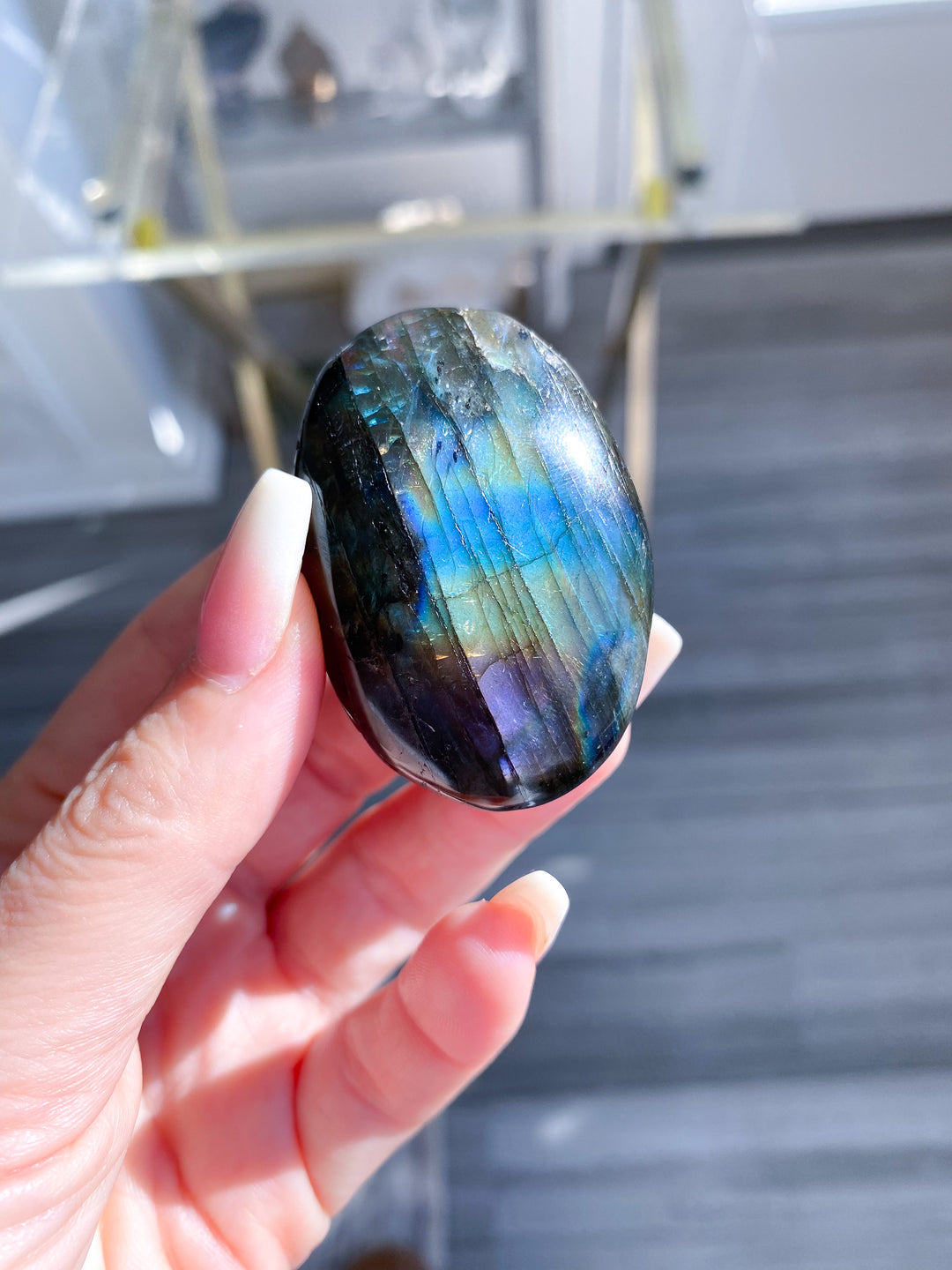 Flashy Pink and Blue Labradorite Palm Stone 