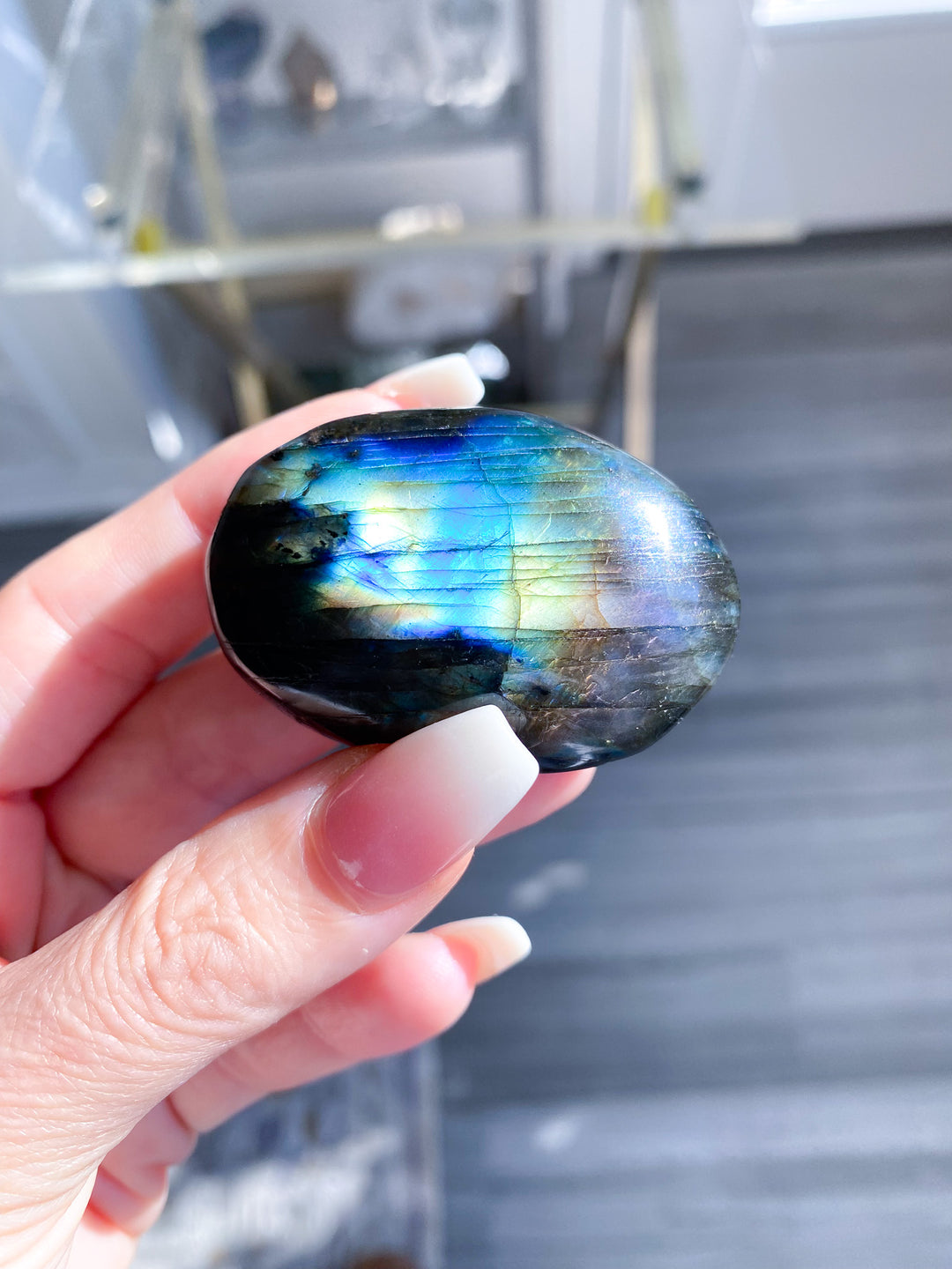 Flashy Pink and Blue Labradorite Palm Stone 