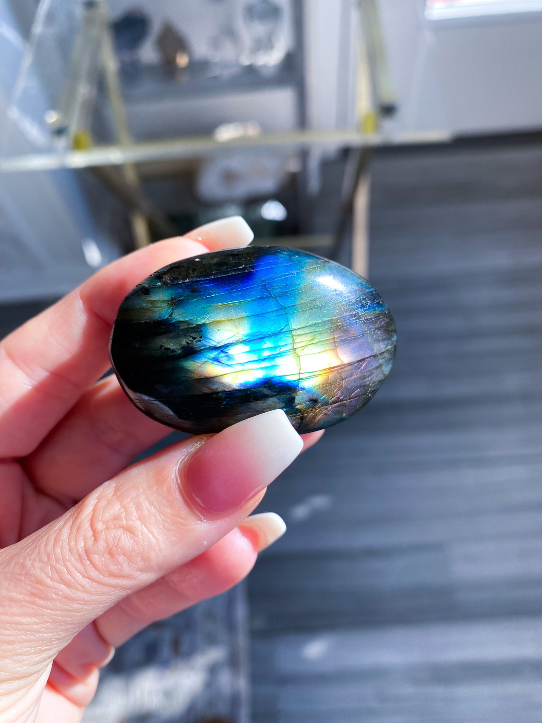 Flashy Pink and Blue Labradorite Palm Stone 