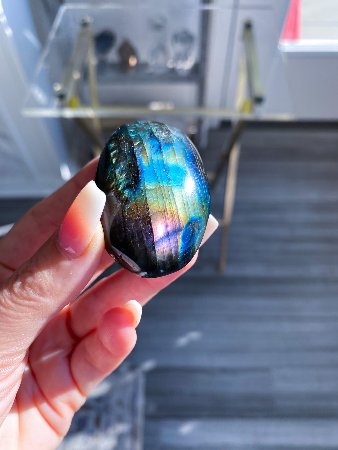 Flashy Pink and Blue Labradorite Palm Stone 
