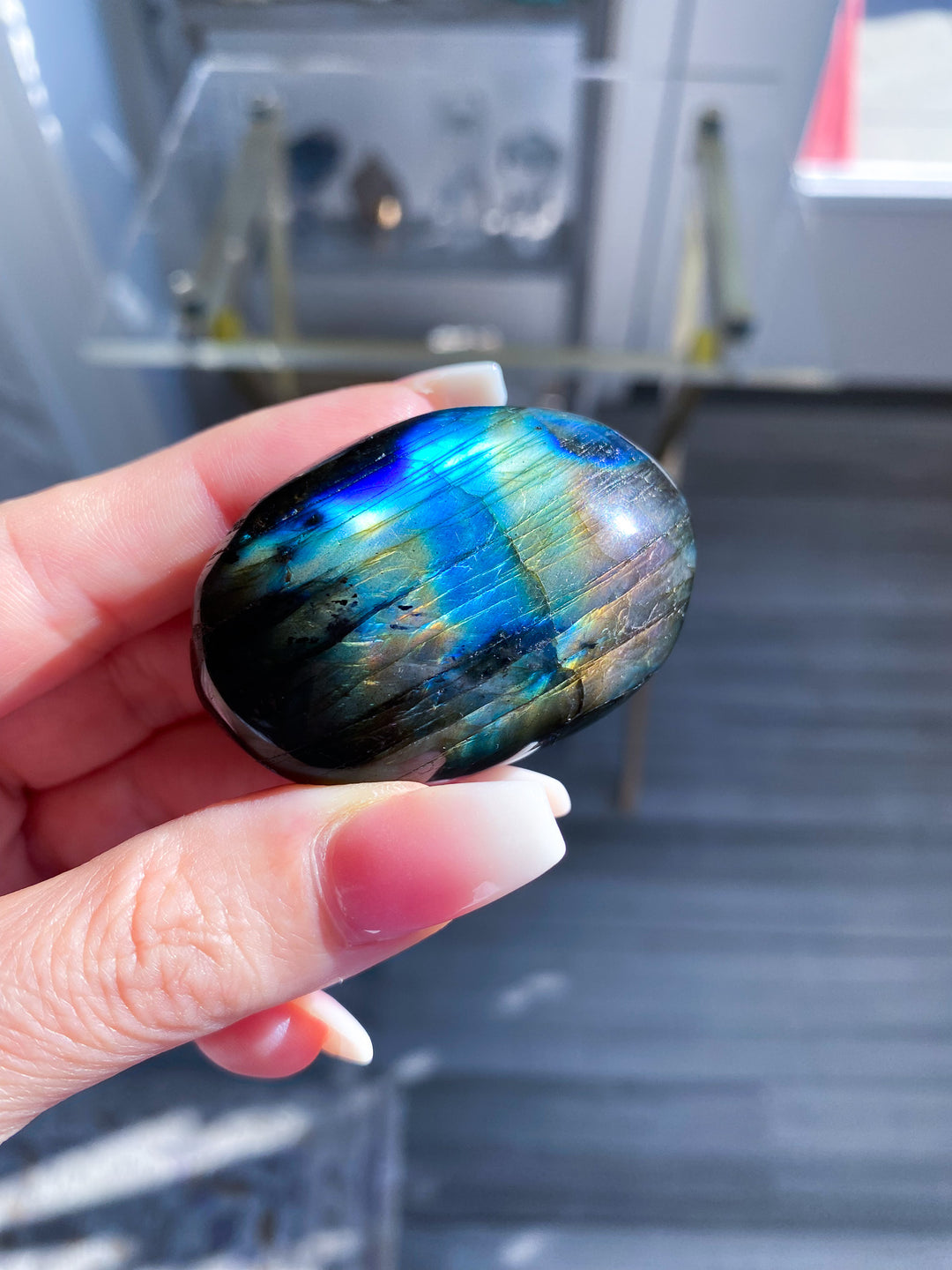 Flashy Pink and Blue Labradorite Palm Stone 